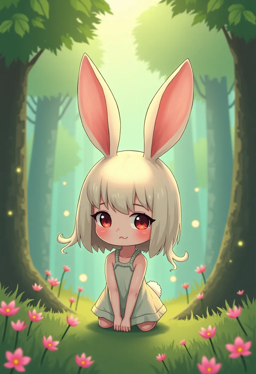 A rabbit-like person, Cute rabbit woman, Lonely, small, Transform, Two heads, Full body image, Focus on the ears, Forest and spring background, chibi vector outline  illustration.