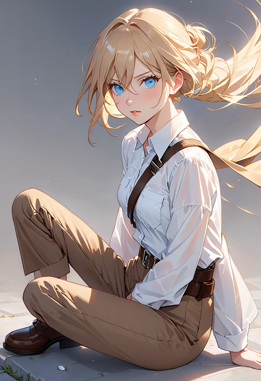 Ah Style,  Attack on Titan ,, , christa renz,, 1 girl, belt, belt buckle, blond hair,  blue eyes,  brown footwear , brown   pants, buckle, chest belt, collared  shirt, diamonds (shape), floating hair,  from side, full body,  grey background, hair between e...