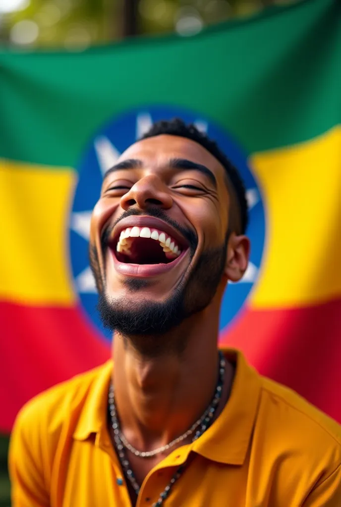 Ethiopia guy laughing with ethiopia flag background 