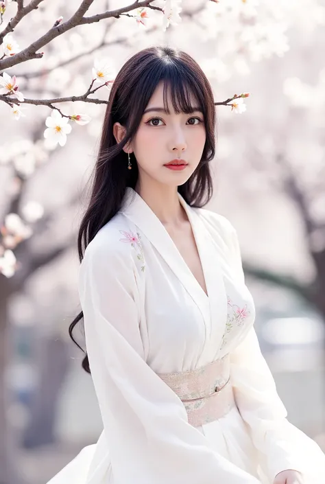  Anime-style photograph of a pale-skinned, slender Asian woman with long black hair and bangs, wearing a white floral kimono, delicate jewelry, and holding a dangle earring. Background features cherry blossom branches with white flowers, evoking an etherea...