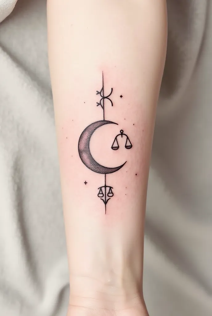 Create a light and soft tattoo for me, with a moon , Scorpio astrological signs, sagittaire et balance