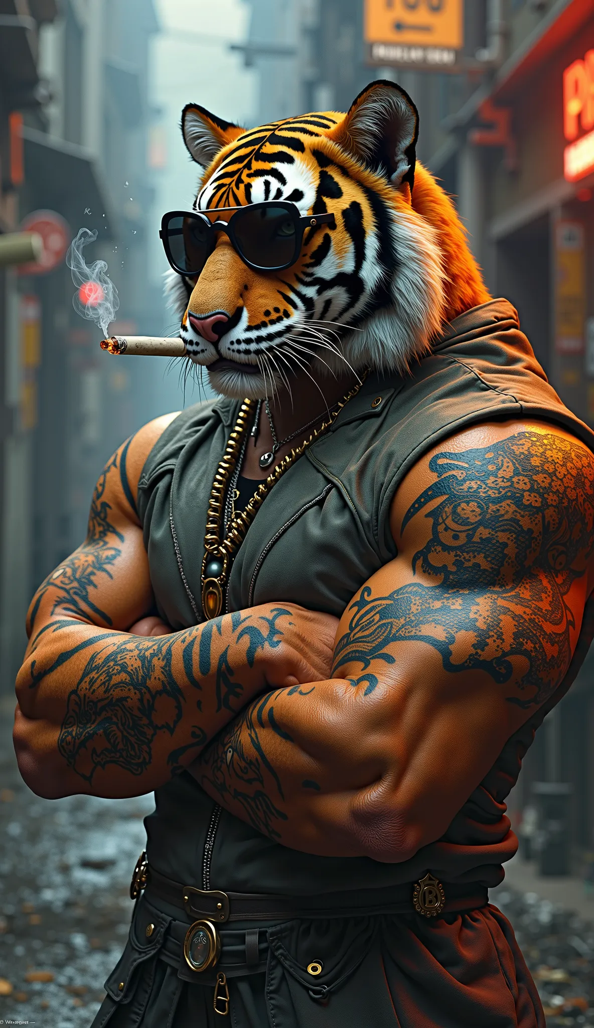 The tiger was wearing sunglasses, tattooed on his left arm with a dragon print and was sucking on a cigarette.