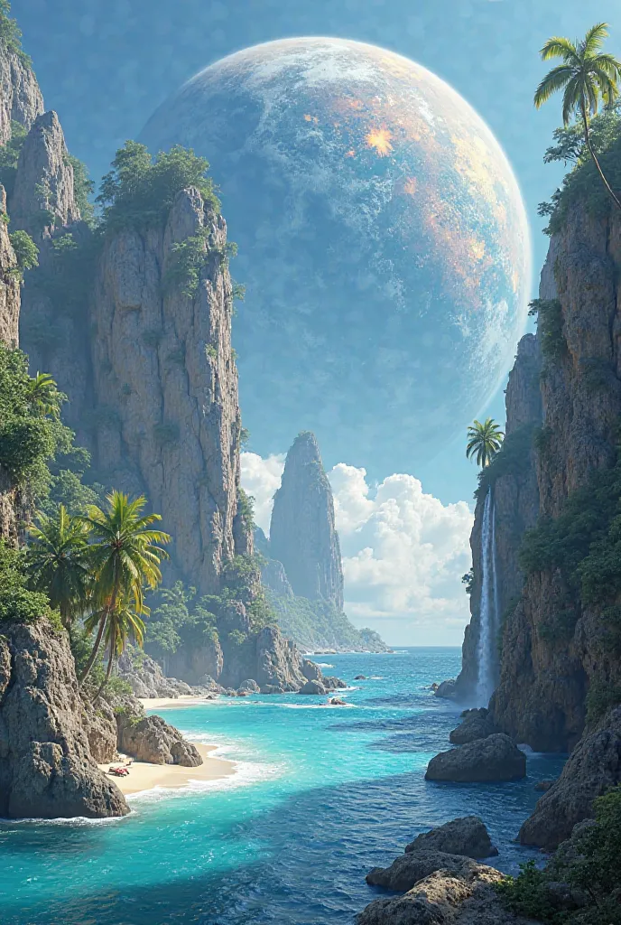 an extraordinary fantasy landscape, featuring massive floating rock formations with waterfalls cascading from their cliffs. There is a tropical ambiance with a beach, palm trees, and crystal-clear blue water. In the background, a giant planet resembling Ea...