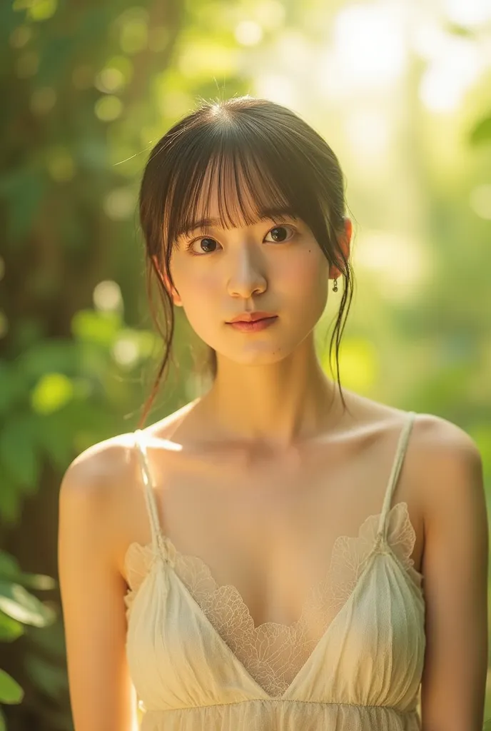 Photorealistic，Ultra high definition，Highest quality，Best Quality，8k，RAW Photos，Super detailed，Ultra-high resolution，(Amazingly cute Japanese real girl)，whole body，1 person，Facing forward，Early morning in the forest，Bright sunlight pours in，Backlight，White...