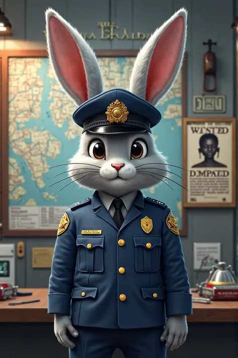 A small police station in the middle of the bustling city. inside, gray bunny in police uniform, neat hat, stands in front of a sign with a map of the city and a photo of a dangerous robber.