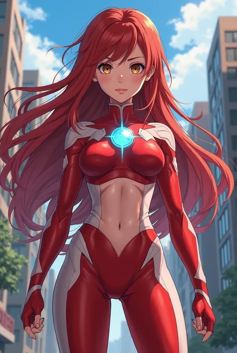 My Hero Academia Style , Anime girl, female, young female ,Full Body Shot,(fighting Pose:2),Long hair, Red Hair,  Brown Eyes,Hero Suit, Full Body Suit, red suit with white details,small round blue jewel in the center of the chest, perfect anatomy,  Toughen...