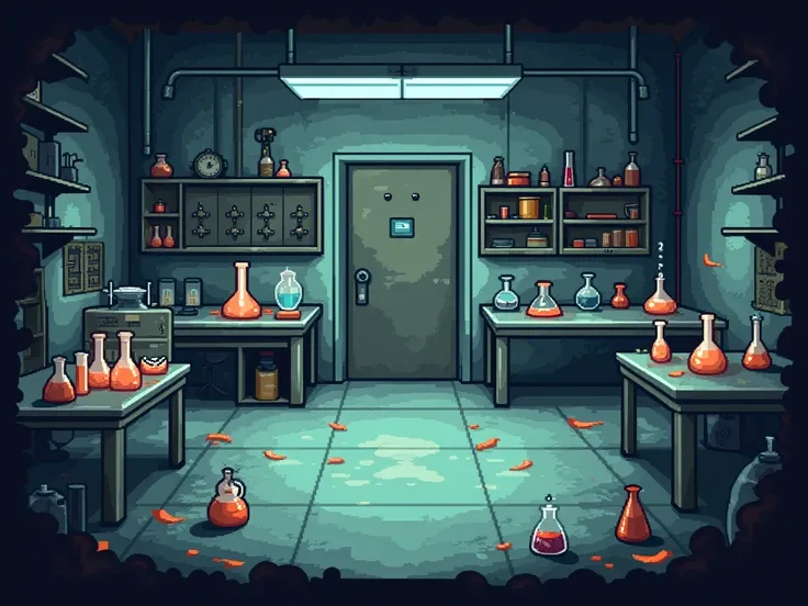 Laboratory (2D top-down pixel art game in the style of a creepy hospital, everything is as flat as possible, all objects are flat, all objects have no shadows, no lighting, a lot of space, and there should be no volume and depth
Mandatory scenery:
- 1 Door...