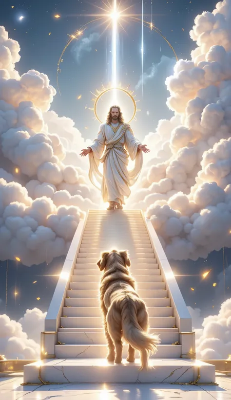 A dog with soft fur, perhaps a golden retriever, ascends a grand, floating staircase made of smooth, glowing white marble. Each step is bathed in soft, diffused light, casting gentle shadows that enhance the depth and realism of the scene. The view is isom...