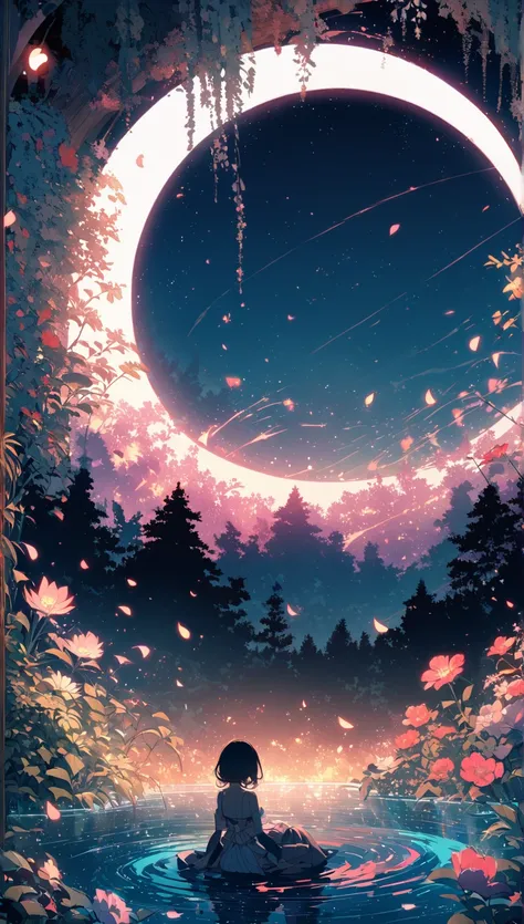 night、Only moonlight illuminates tranquil view、The moon bends in the sky with a mysterious glow.。distant mountains々You can see a waterfall.、Silhouette on celestial background。Beautiful big flowers near、Petals fully open、Reveals a huge red luminous center。t...