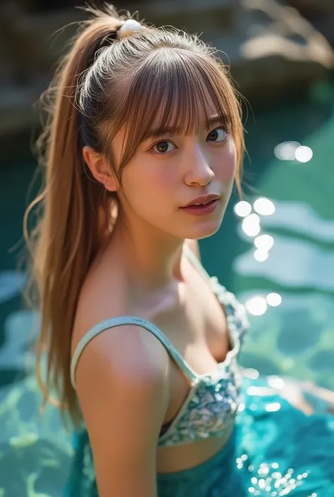 A beautiful European mermaid。light brown hair with bangs {x} wears a ponytail、is tied with a white pearl ring。wears a blue seashell bra、has a blue mermaid tail。has light brown eyes。