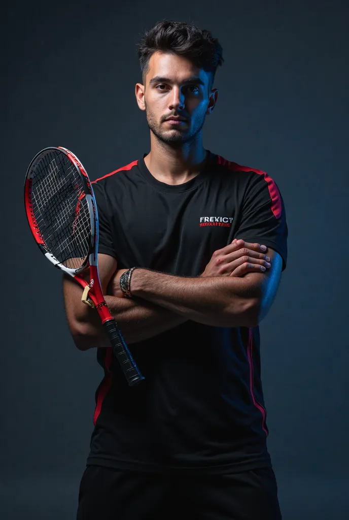 a man in a black shirt holding a tennis racquet, sport game, sports setting, sports photography, sports logo, 🌻🎹🎼, sport, sport photography, cover shot, sports, sporty, sports clothing, game poster, game promotional poster, best on adobe stock, professiona...