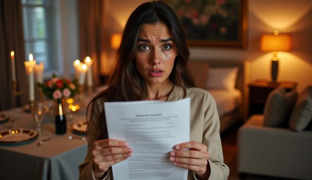 A surprised and distressed woman holding divorce papers in an apartment decorated for a romantic anniversary dinner, with candles, champagne and flowers on an elegant table in the background. expression of disbelief ,  Soft evening lighting ."