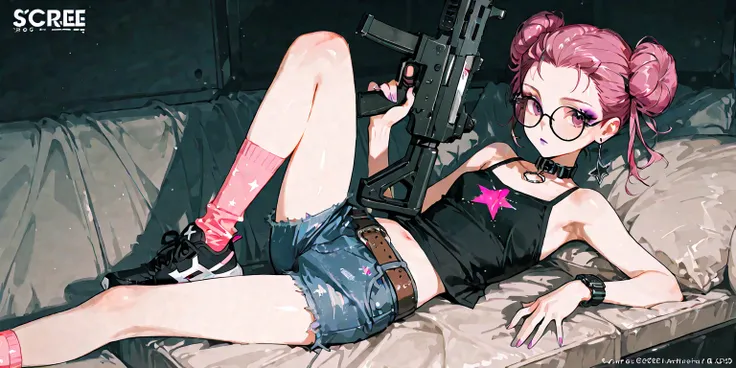 core_9, score_8_up , score_7_up , score_6_up , score_5_up , score_4_up , 4K,8k,1woman,Dark Pink hair slicked back, double bun,very short cut , black camisole only,on big pink star print,wearing high-fashion glasses with an avant-garde design, Purple lips, ...