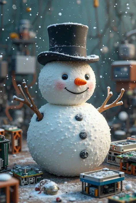 A cute realistic snowman surrounded by computer parts