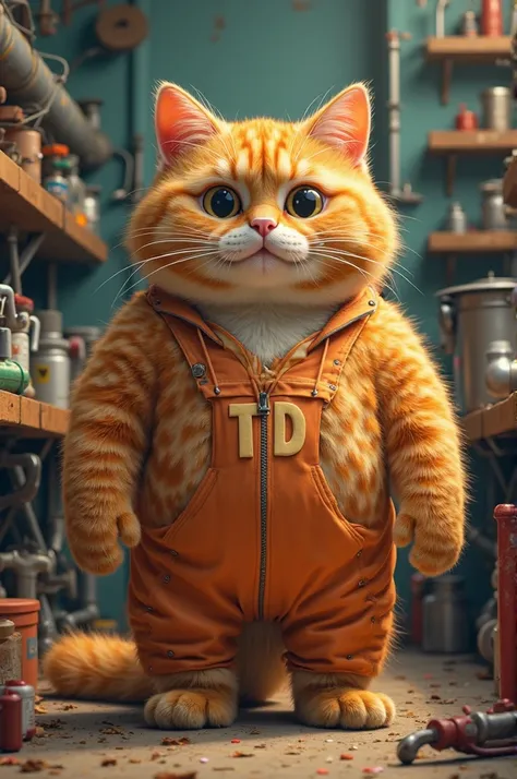 A big fat cat with orange hair, wearing a rompie that says TD, is in a workshop with plumbing and plumber's work equipment all around 