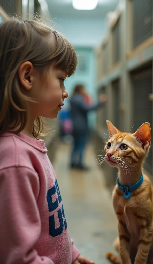 in an animal shelter, in the distance, stands a cute girl with dimples on her cheeks, in a pink sweater with blue letters, with bangs and fluffy light brown hair, about , standing in profile. She is looking at Kitten, a skinny, dirty, ginger kitten with a ...