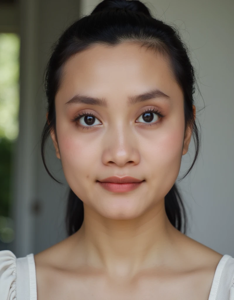 A hyper-realistic close-up portrait of a 26-year-old Indonesian woman with naturally beautiful features. She has a square-shaped face, a small nose, thin red lips, and a distinct cleft chin. Her skin is flawless yet retains a natural texture, glowing with ...