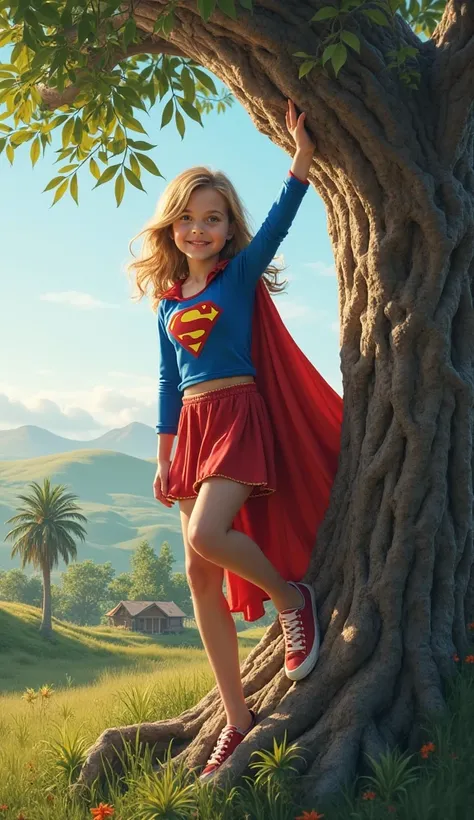 English Prompt: "A young girl dressed as Supergirl is seen climbing a massive tree. She is wearing a blue top with the iconic 'S' symbol prominently displayed, along with a red skirt and a flowing red cape. Her expression radiates confidence and bravery. T...