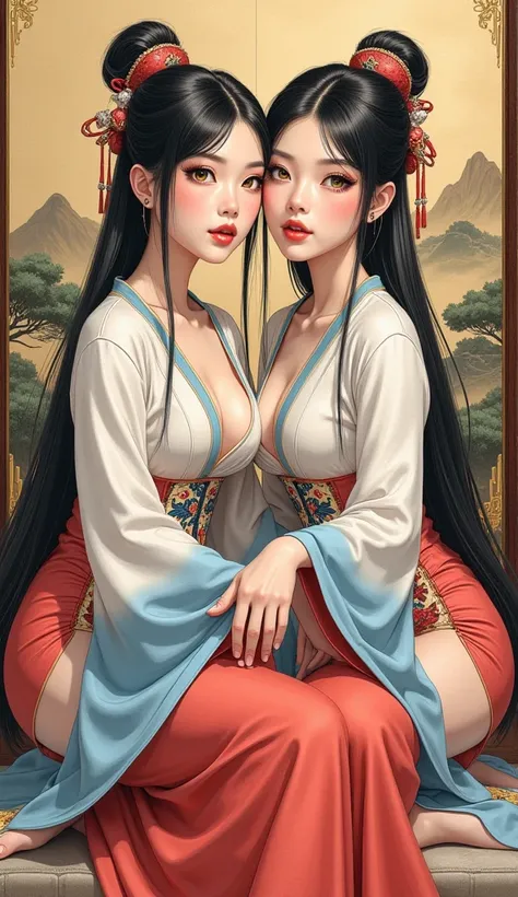 Detailed proportions and textures and multi-color with airbrushed brush strokes that presents a semi-realistic illustration in Chinese ink a gemini twins (full and slender body, with shy pose, playful look, bright yellow-gold eyes, defined eyebrows, long e...