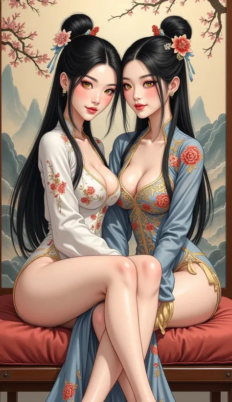 Detailed proportions and textures and multi-color with airbrushed brush strokes that presents a semi-realistic illustration in Chinese ink a gemini twins (full and slender body, with shy pose, playful look, bright yellow-gold eyes, defined eyebrows, long e...