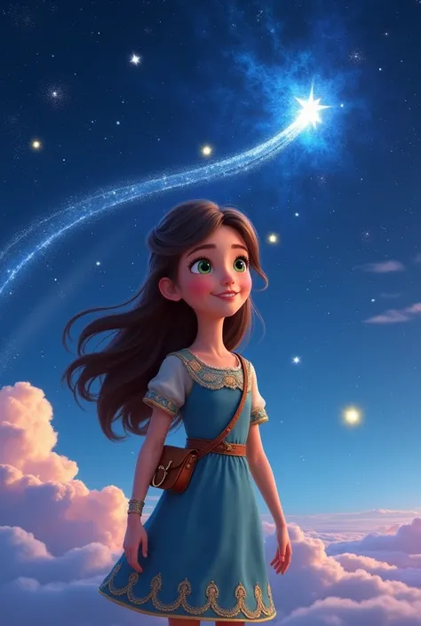 A brave young girl named Luna, with long wavy brown hair, bright green eyes She wears a soft blue dress with golden embroidery and a brown satchel. In the background Stella and the Star Painter  He has flowing silver hair and a long robe shimmering with ga...