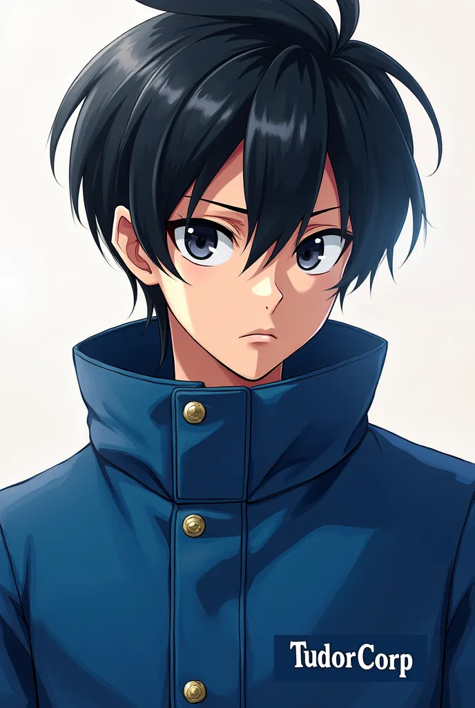 Make an image of a young man around 22 years old with black hair 2D anime wearing a blue jacket written TudorCorp with a serious look and black eyes