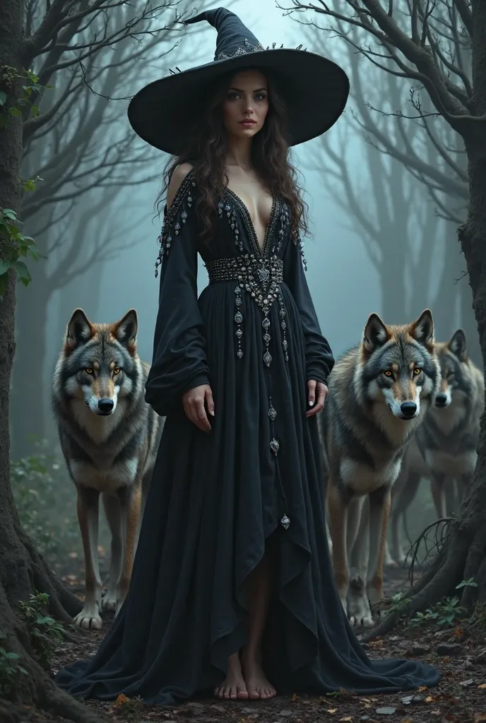 Beautiful witch dressed in black with her hat a wonderful dress full of shiny stones c in her Aquerrele reigning she is standing barefoot looking ahead surrounded by wolves in a dark forest