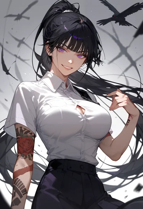 black hair, long hair, in purple eyes,Very long-sleeved prisoner shirt without hands,Teared smile , full arm tattoo ,Murderer, assassin ,big breasts, ponytail,
