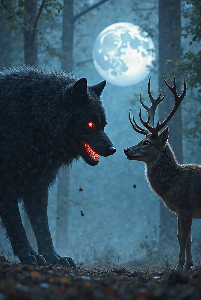 A massive wolf and a majestic deer staring intensely at each other. The wolf has a muscular body, thick black fur glowing under the moonlight, red piercing eyes, and sharp fangs bared. The deer stands tall with grand antlers, its eyes calm yet alert. The s...