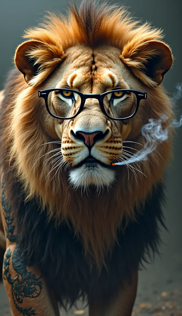 The lion is wearing glasses, tattooed on his left arm with a dragon print and is sucking a cigarette.