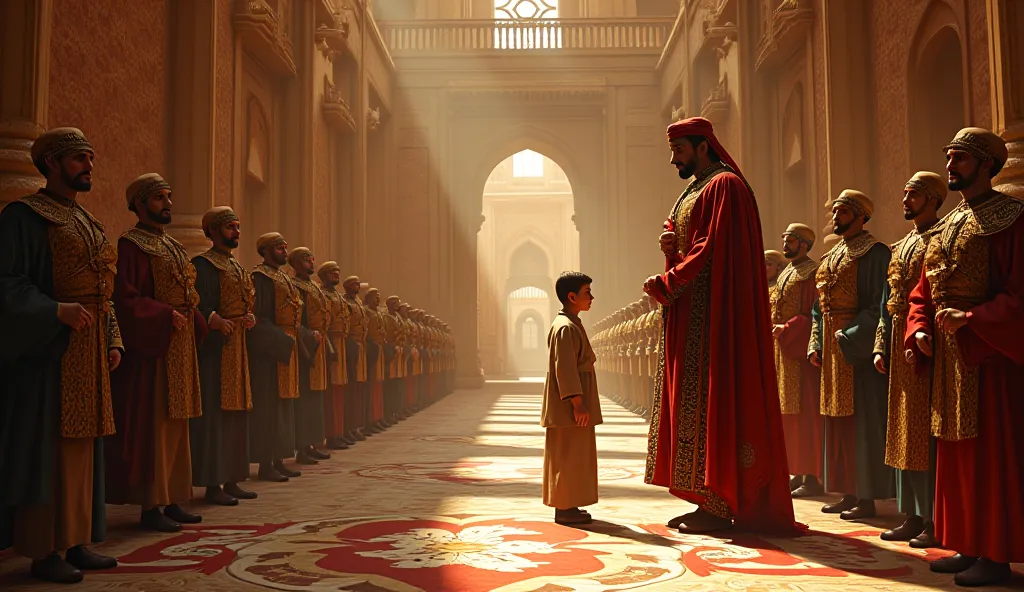 In the year 517 AD in Yemen in ancient times, a boy presents his faith to King Dhi Nuwas in his palace, surrounded by his guards.