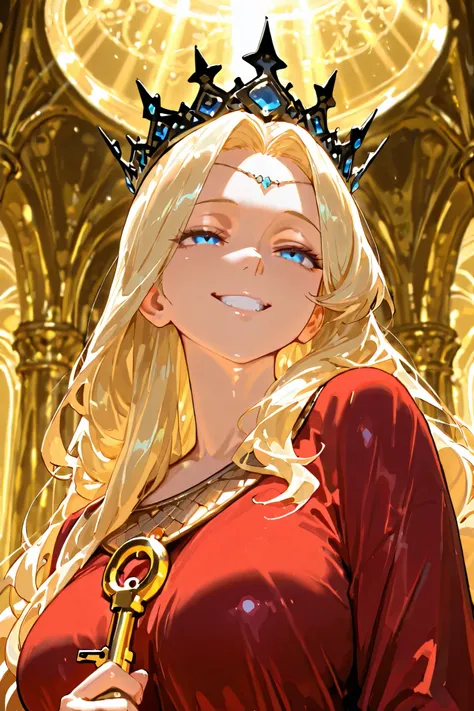 masterpiece, best quality, highest resolution, 1goddess, solo, shiny blonde hair, smile, blue eyes, red robe, heaven background, dramatic lighting, detailed background, cinematic composition, gold background, Hoard, black crown, mean face, chin up, mocking...