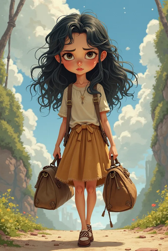 A girl in a Disney cartoon with wavy black hair and saggy eyes, holding bags in hands