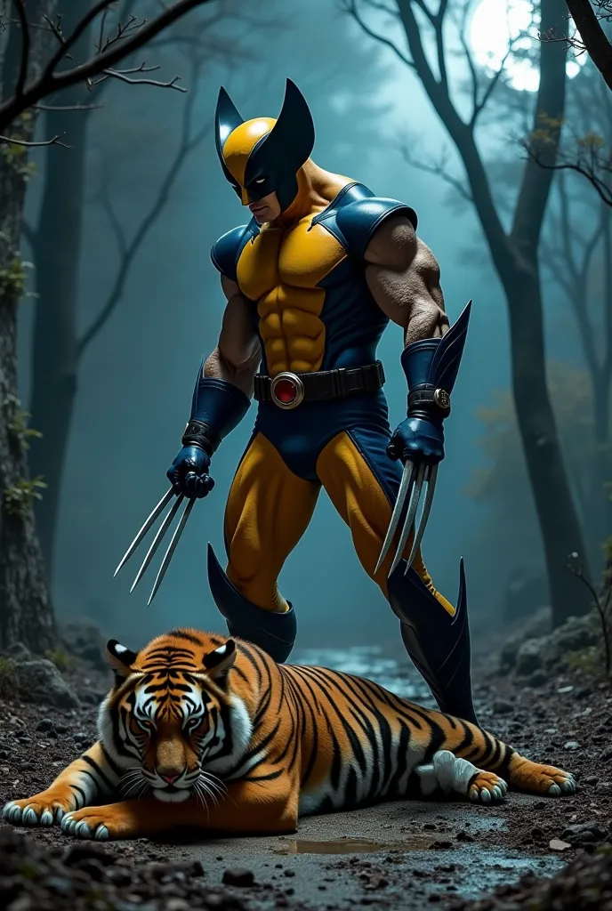 The aftermath of an epic battle between a Bengal tiger and Wolverine. Wolverine stands victorious, his claws dripping with scratches, but his stance unshaken. The tiger, though a mighty beast, lies on the ground, exhausted and defeated, its breathing heavy...