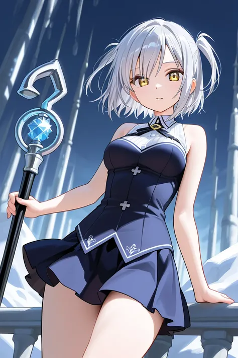 Silver Haired Girl　Age 15　 yellow eyes　cool　Calm　anime　comics　heroine　medium breasts　One person　perfect fingers　Perfect Anatomy　Mysterious　Northern Europe　 middle ages　short hair　miniskirt　 Bbo~　Side Up　 centered bangs on the right side of the eye　wizard　C...