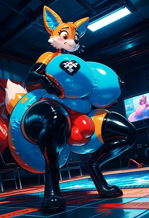 Highest quality, Highest quality, High quality illustrations, masterpiece, Ultra-high resolution, Detailed Background, Gaming Room, Absurd, Perfect Anatomy, performance, Good lighting, Shadows in the movies, furry fox, Rubber body, Rubber body, latex, neon...