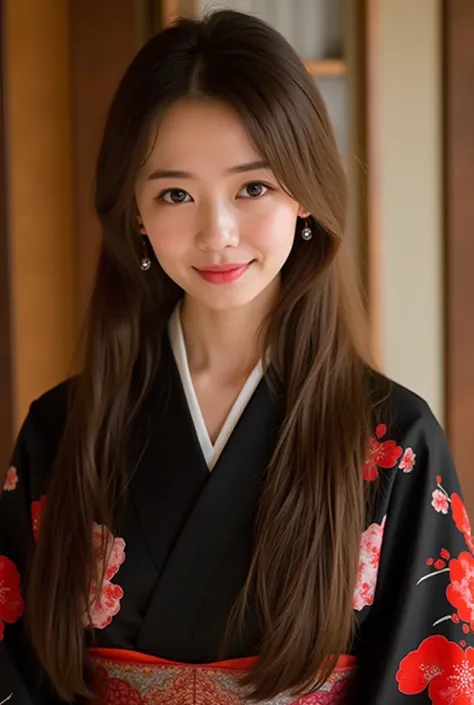  a photograph, specifically a portrait shot. The subject is a young woman dressed in a traditional black kimono adorned with red and pink floral patterns. Her hair is long and straight, cascading over her shoulders. The background appears to be a softly li...