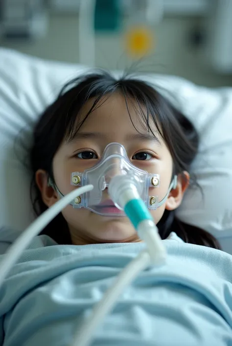 Little Hmong girl wearing an oxygen mask on her hospital bed's weak face，Photo-realistic style