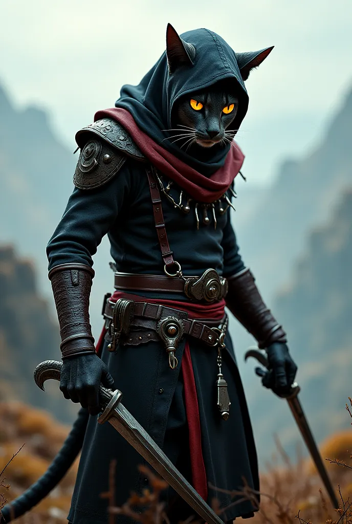 A killer khajita with daggers wearing the costume of the dark brotherhood (Skyrim Ender scroll), Little yellow eyes, with the sky in the background of Sovengar, realistic photography, HD, 