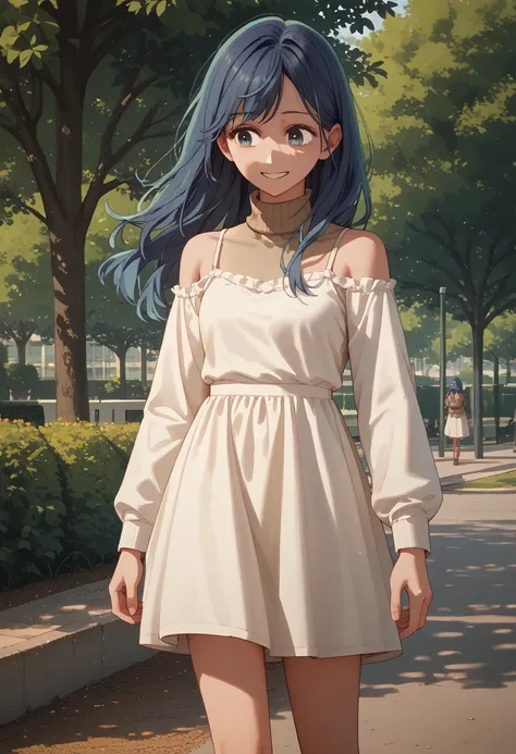 masterpiece,  1girl , blue hair, break, long hair, brown turtleneck long sleeve top,  white camisole dress, brown short boots, park, standing, smile