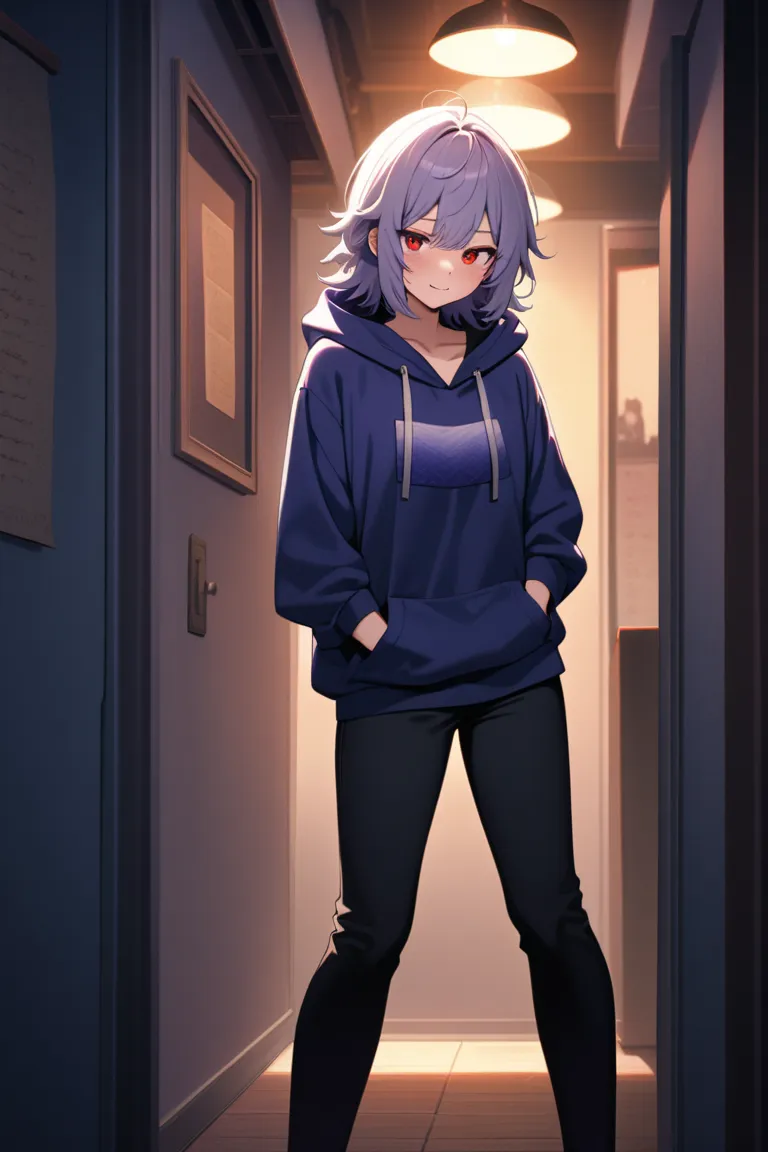 boyish woman, black jeans, indigo plain hoodie, virtual youtuber, short purple hair , layered shaggy hair, Cheesy, male style women, 1 girl,  red eyes, indigo food, double teeth,  naughty face, 