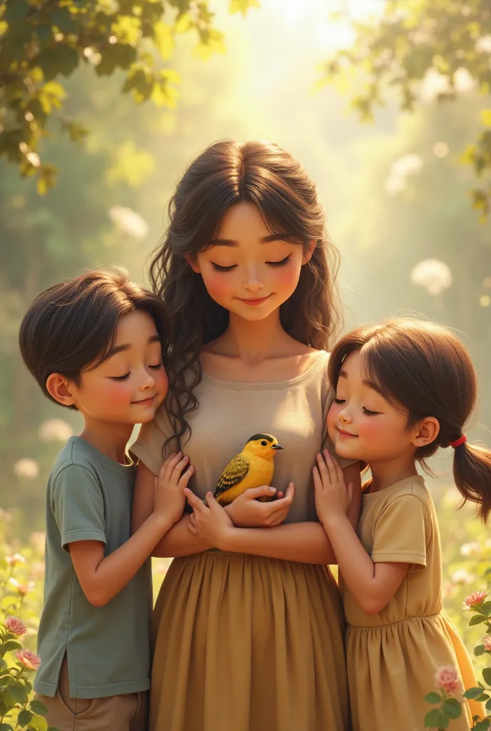 Oui c'est ça mais avec la mére qui porte l'oiseau et les deux enfants sont heureux 