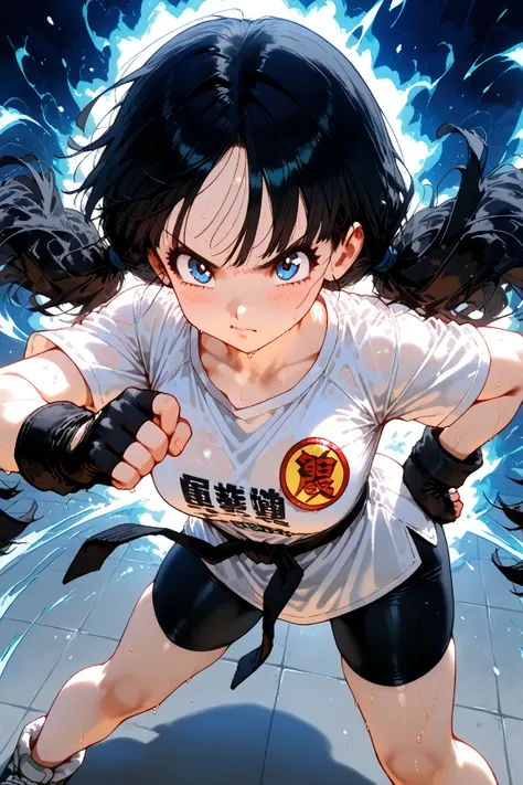 (((masterpiece), best quality), (videl2, solo, blue eyes, black hair, twintails, black gloves, bike_shorts, bangs, white shirt, badge, medium breasts, frown, hand on hip, leaning forward,),(aura powers),(cheering),((aura particles)),(sweaty), (dramatic act...