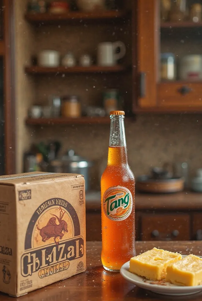 A vintage-style advertisement featuring a cardboard box of "Ghazal Cheese" with a gazelle logo on the box. The box should appear retro, as if designed in the 1970s or 1980s, with clear, traditional typography. Next to the cheese box, place a cold bottle of...