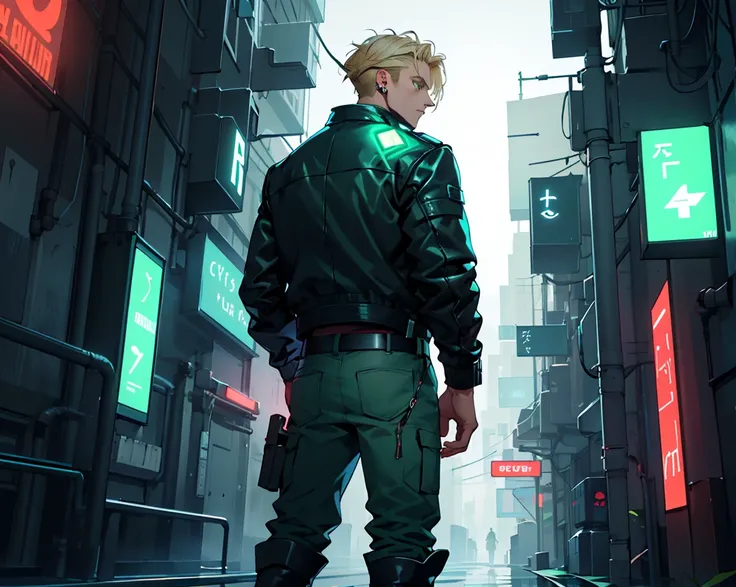 1Men, Solo, slim and tall;  Blonde Hair, two green long rectangular earrings on one side; green iris; dark green futuristic leather jacket with belts, a medical print on the back, Belts on cloth, cyber city background, hand in pocket, looking to the side, ...