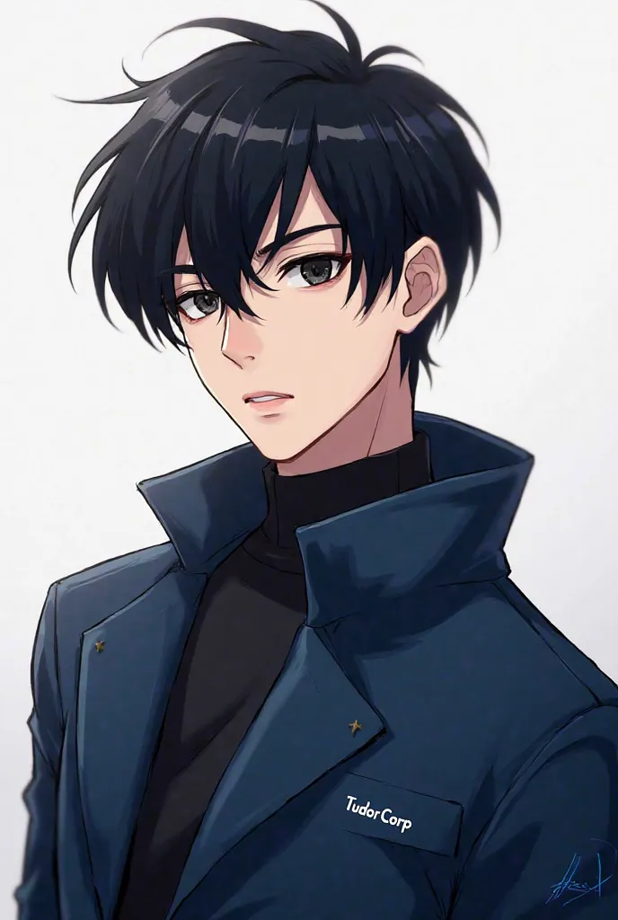 Make an image of a young man around 22 years old with sharp black hair 2D anime wearing a blue jacket written TudorCorp small. with a serious look and black eyes. sexy c