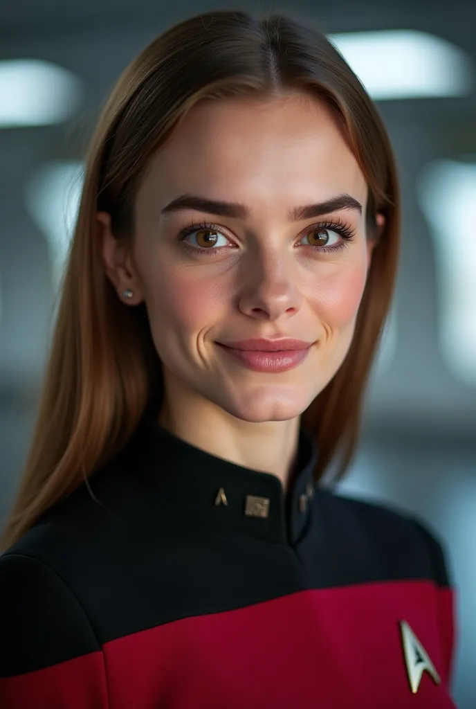 The pretty smiling face of my 18yo English daughter who looks similar to Emma Watson, brown eyes, long straight brunette hair, she is a Star Trek Captain in a Star Trek uniform