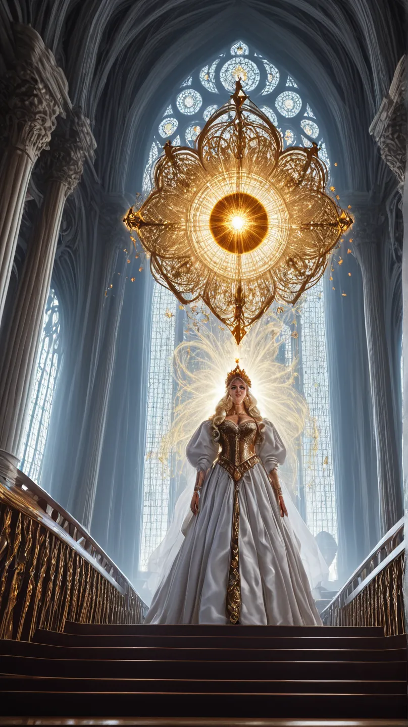 A majestic, celestial staircase extends into the heavens, enveloped by voluminous clouds in soft blues and warm golden hues. Thousands of figures, dressed in flowing white robes, ascend the steps towards a radiant divine being standing within a glowing arc...