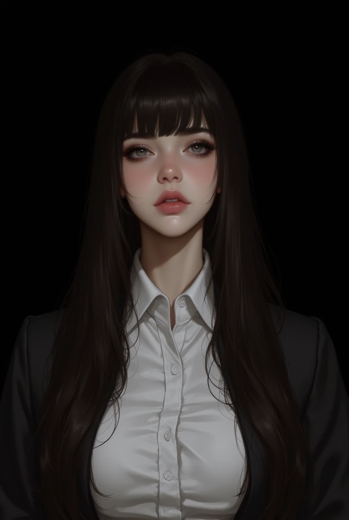 1girl, solo, looking_at_viewer, shirt, black_background, black_hair, realistic, white_shirt, black_eyes, collared_shirt, long_hair, simple_background, nose, closed_mouth, messy_hair