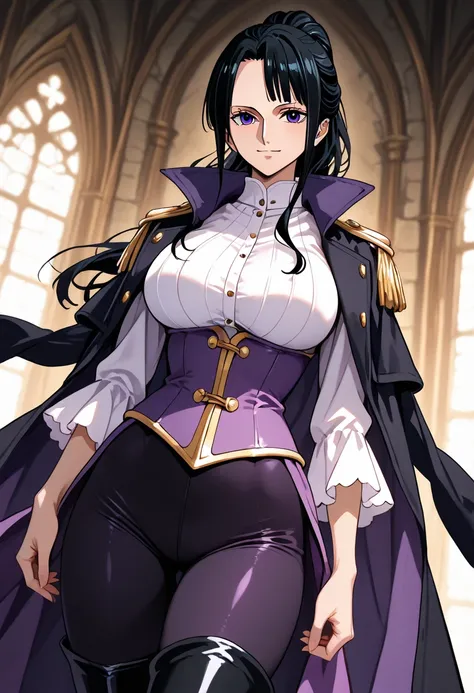 1 girl, ONLY one character, nico robin, nicogold,purple eyes, long hair, black hair, in a castle, medieval queen, medieval noble, black pants, black tight pants, black boots, thigh boots, black coat, black and purple outfit with gold finishes, fantasy magi...